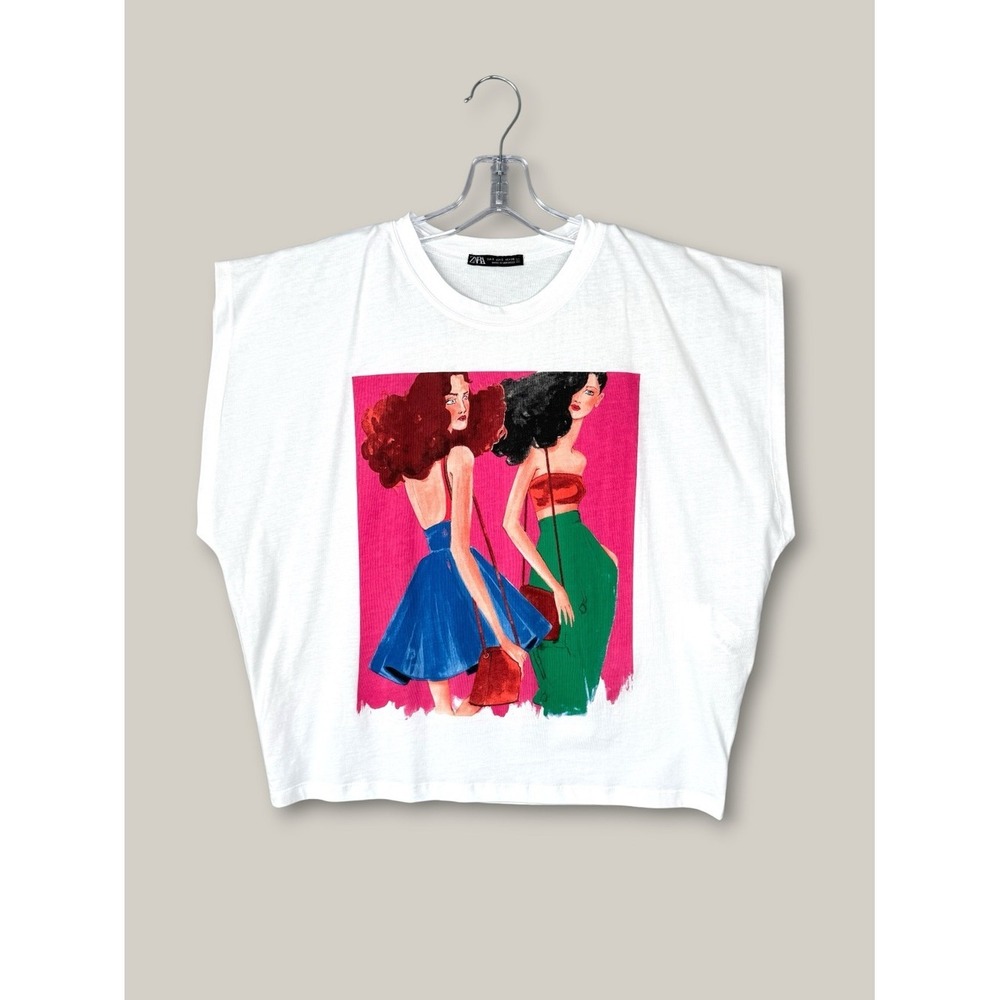 ZARA Fashion Illustration Graphic Tee White S Boxy Pop Art Streetwear Dopamine